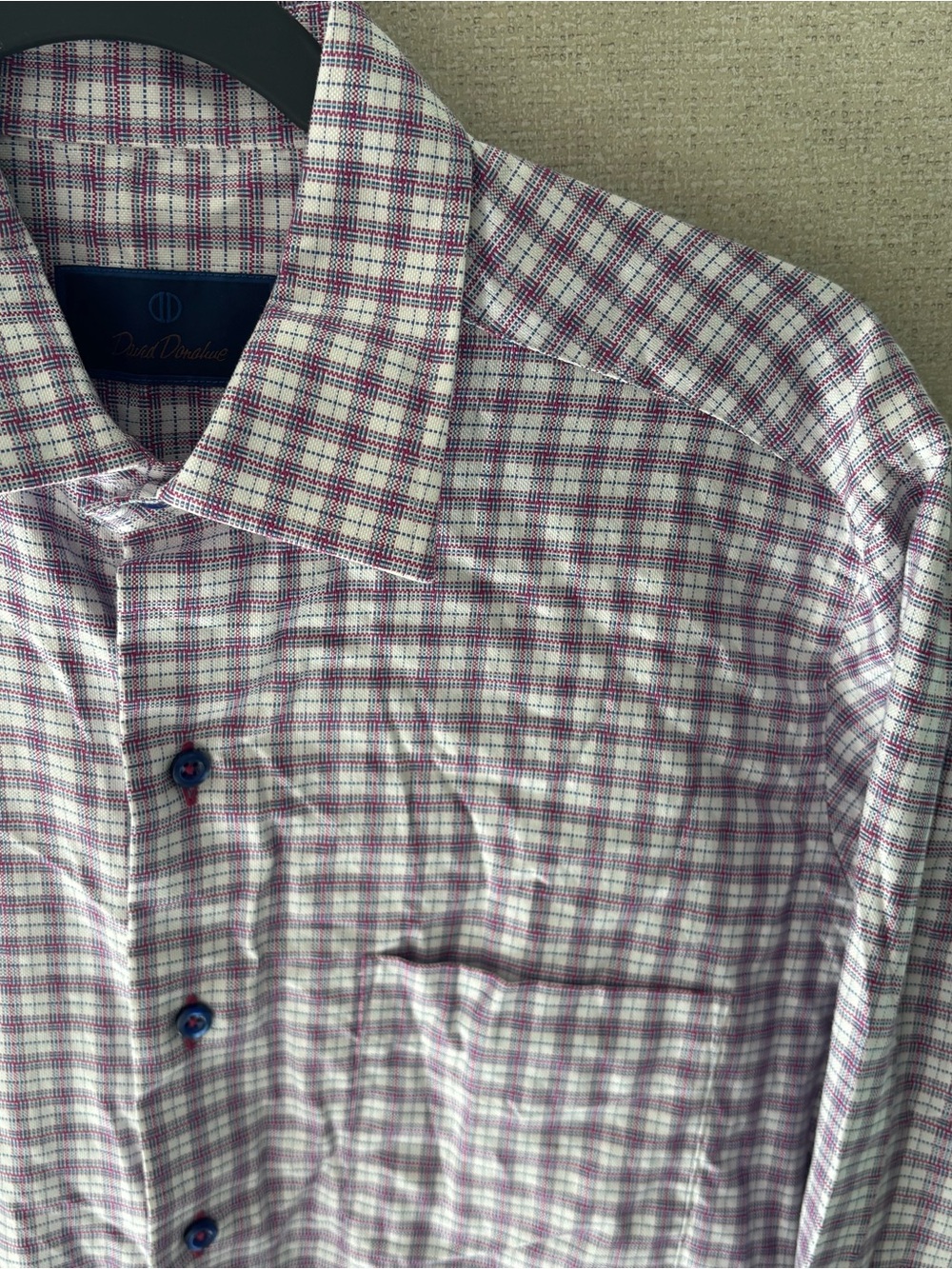 David Donahue White Dress Shirt with Purple Check Pattern